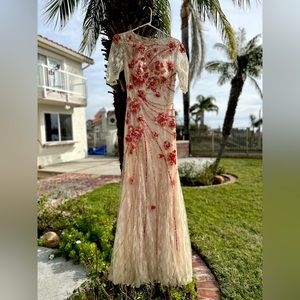Cream Lace Jewelneck Dress + Red & Orange Flower Sequins.